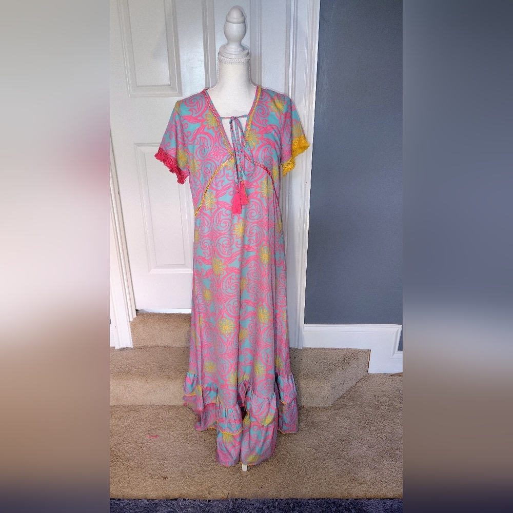 Moda posa Small Pink & Aqua Floral‎ Boho Maxi Dress with Tassel Tie